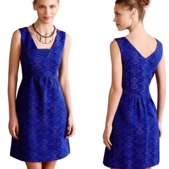 NWT Anthropologie Maeve Blue and Purple Aztec Fit and Flare Dress - Size 2 - Picture 1 of 10